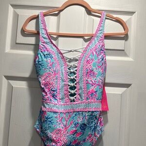 Lilly Pulitzer Pink and Blue One Piece Swimsuit with Lace-Up Detail